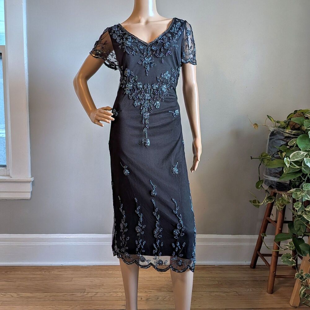Vintage 90s Y2K Stenay Black Mesh Beaded Midi Dress Flapper Formal Size 14
